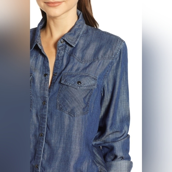 Rails Renee Raw Hem Dark Vintage Blue Chambray Denim Button Down sz S - Picture 3 of 16